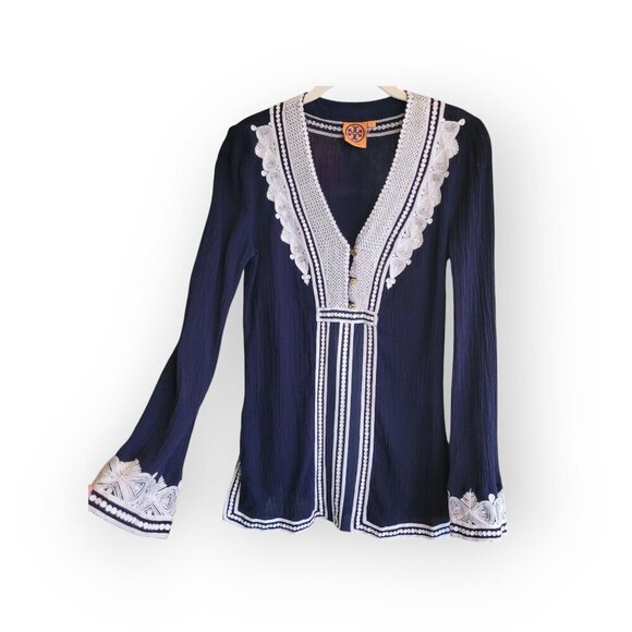 Tory Burch Navy White Tunic with Gold Accents Size 4 - Picture 3 of 12